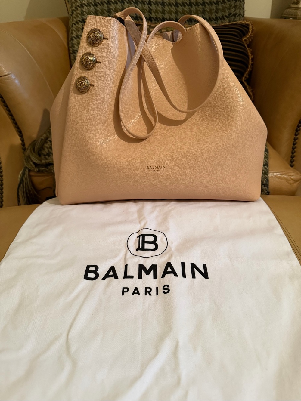 Balmain Embleme Blush Leather Tote with Gold Button Accents